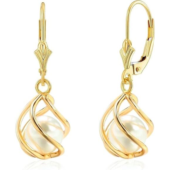 14K Gold plated Caged Lightweight Leverback Pearl Dangling Drop Elegant Jewelry - Picture 1 of 5